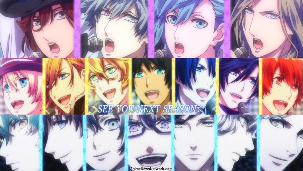 Top Row (from left to right): Kotobuki Reiji, Kurosaki Ranmaru, Mikaze Ai, Camus C. Cryzard Middle Row (from left to right): Kurusu Syo, Jinguuji Ren, Shinomiya Natsuki, Aijima Cecil, Hijirikawa Masato, Ichinose Tokiya, Ittoki Otoya Bottom Row (From left to right): Hyuuga Yamato , Ootori Eiji, Mikado Nagi, Ootori Eichi, Sumeragi Kira, Amakusa Shion, Kiryuuin Van