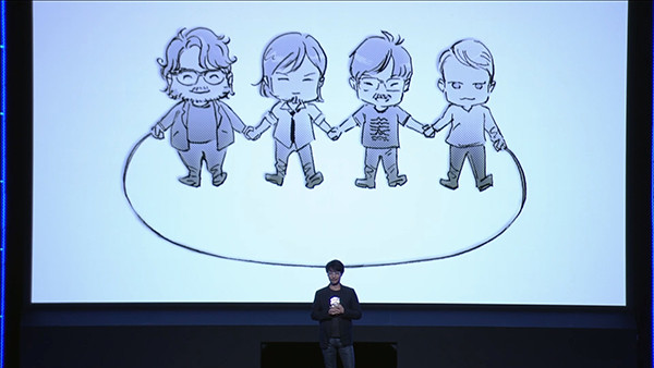 This is a picture of Hideo Kojima presenting Guillermo del Toro, Norman Reedus, Hideo Kojima, and probably Mads Mikkelsen. How much speculation can one poor heart take?