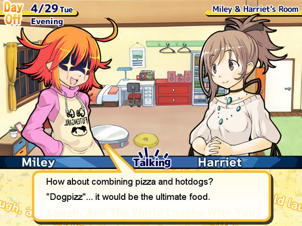 If you wanted to get all analytical about it, there's a vague subtext about Miley possibly being in love with Harriet: scaring off her admirers, joking that they're a couple, trying to kiss her, and so on. Not sure if that was added in the localization or not. On an unrelated note, this shot contains a pee joke.