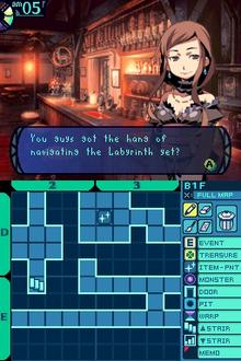 A chesty barmaiden from Etrian Odyssey speaks to the player, asking, "You guys got the hang of navigating the Labyrinth yet?" On the bottom screen, you see a map of the Labyrinth.