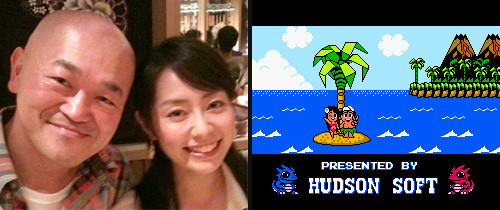 On the left, Takahashi and Momoko Tani. On the right, Takahashi's game incarnation and his girlfriend Tina. I think that's Tina, anyway. The damsel-in-distress looked different in every Adventure Island.
