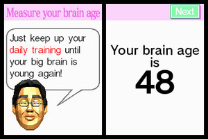 Dr. Kawashima's virtual face from Brain Age encourages the player to "Just keep up your Daily Training until your big brain is young again!" On the side screen, your brain age reads at 48.