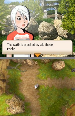 On the top screen, Ashley Mizuki Robins notes that the path is blocked by rocks. On the bottom, a 3D screen shows your path blocked by rocks.