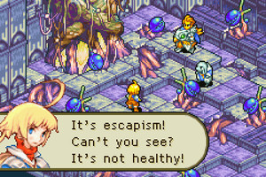 A boy in armor stands before a dog-man in a shrine overtaken by massive trees. He shouts, "It's escapism! Can't you see? It's not healthy!"