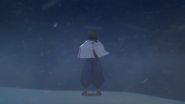 A lone, cloaked figure standing in a snow storm.