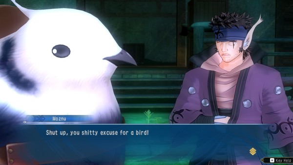 A giant sparrow and a scarred, one-eye beast man argue. The beastman, Moznu, says, "Shut up, you shitty excuse for a bird!"