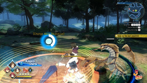 A woman with a large umbrella-shaped spear stands in a glowing circle while attacked by giant insects.