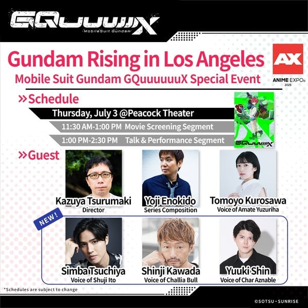 Image announcing new Mobile Suit Gundam GQuuuuuuX actors joining Anime Expo