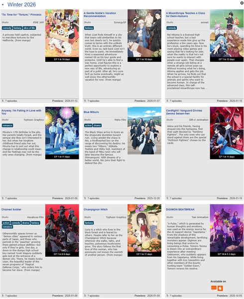 Screenshot of ANN's Anime Season's Page
