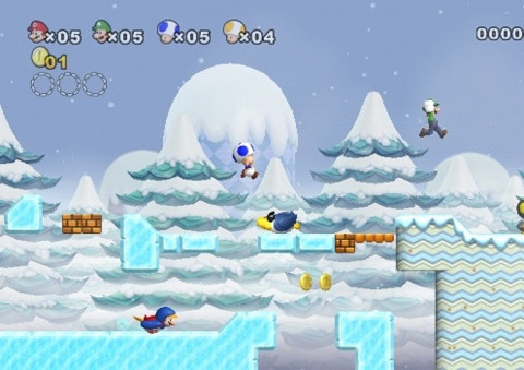 Penguin Mario is devoured by Orca Mario while Nature Documentary Mario stands by and observes dispassionately.