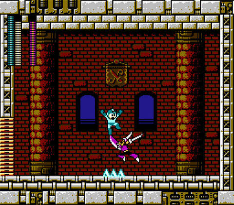 Despairing of combat, Mega Man and Blade Man perform a delicate ballet.