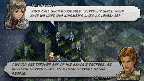 I wonder if Dame Ravness, a warrior left without a country during the power struggles of Tactics Ogre, is supposed to symbolize Matsuno's years as a freelancer. Hmm. NAAAAH.