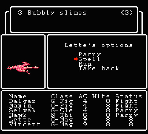 Pictured: The NES version of Wizardry I, in which every kid named every character something filthy.