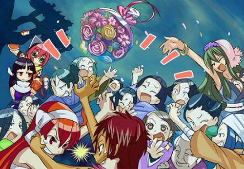 This symbolizes the game industry! Just write BIG COMPANIES on the bride, MONEY on the bouquet, and RON PAUL on the pink-haired girl in the background.