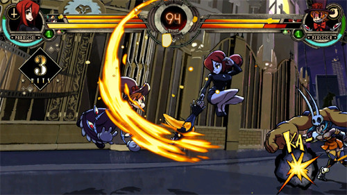 See, Filia sounds like Millia, as in MILLIA RAGE from Guilty Gear. Uh, Filia's not in this shot, though. That's Peacock, Parasoul, and Cerebella.