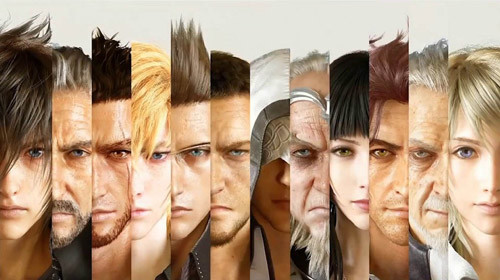 Left to right: Noctis, King Caelum, Gladiolus, Prompto, wait, his name's PROMPTO? Oh well, then there's Ignis, I Don't Know, Assassin's Creed Guy, Old Guy, The Only Other Female Character, I Don't Know, Probably Stella's Dad, and, lastly, STELLLLLAAAAAAAAAAAA.