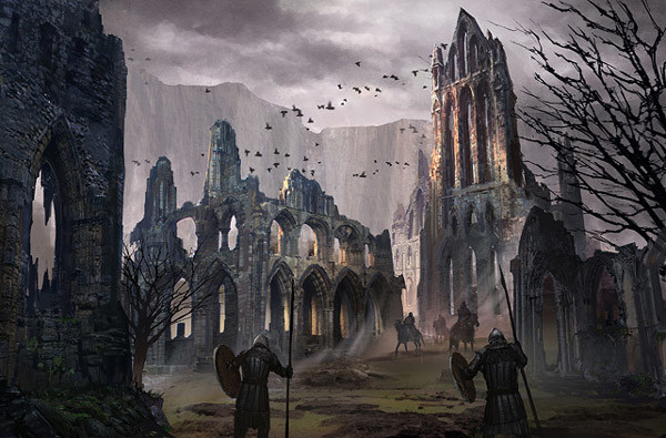 This isn't Yoshida's art, but it's my favorite piece of what we've seen so far. You can almost see some poor wounded soldier crawling off to die in the ruins of a church he helped burned down some 20 years ago. It all started when Duke Deleord revoked trading permits for the people of Asteligancia...