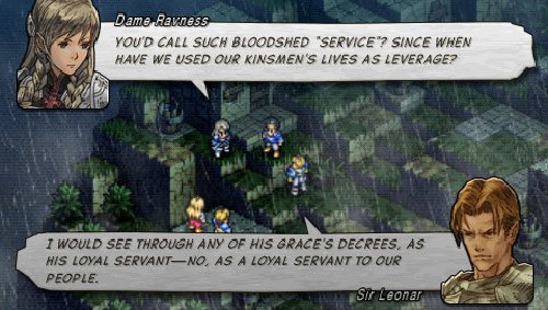 Ravness is a new character. She berates you if you massacre some villagers. If you refuse to massacre them, Ravness is abruptly murdered. Ravness is basically in the game to MAKE YOU FEEL BAD. Tactics Ogre is so great.
