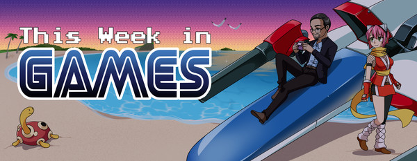 The This Week in Games banner; column writer Jean-Karlo sits on the Fire LEO-04 Rynex flanked by Izuna the Unemployed Ninja and Shuckle. Maybe he's playing Boktai on his GameBoy Advance?