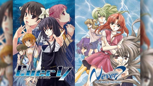 Cover art for Ever17 and Never7, featuring the casts of both games.