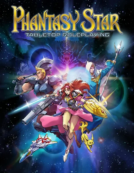 The cover to the Phantasy Star Tabletop Roleplaying Game. Alys Landale poses with her sword and shield, flanked by Odin the fighter, Noah the Esper, and Myau the cat. Dark Falz looms behind the party.