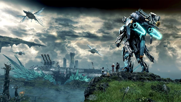 The cover art for Xenoblade Chronicles X; a Skeil, flanked by human characters, overlooks a grassy cliff revealing a wide-open world and endless overcast skies. Large flying monsters are soaring in the air.