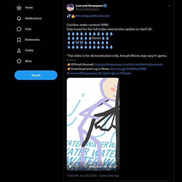 A screenshot of the feed from @Love_Deepspace showing a stick figure recreation of a romantic scene.